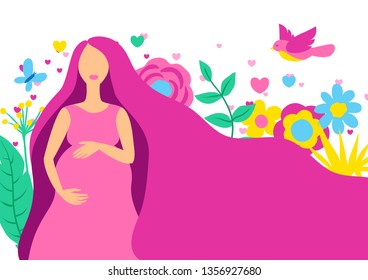 Happy pregnancy. Pretty pregnant woman. Baby shower invitation. Child waiting illustration.