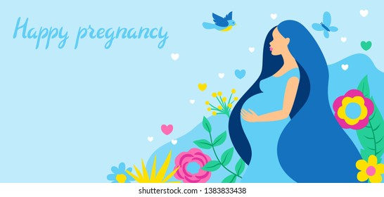 Happy pregnancy. Pretty pregnant woman. Baby shower invitation. Child waiting illustration.