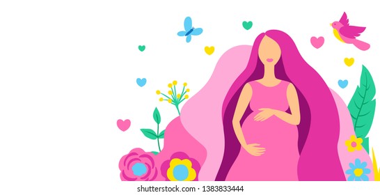 Happy pregnancy. Pretty pregnant woman. Baby shower invitation. Child waiting illustration.