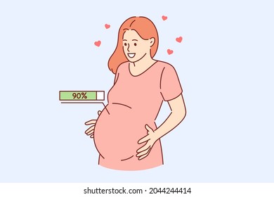 Happy pregnancy process and expectation concept. Happy young pregnant woman embracing belly with 90 percent of pregnancy and expectation inside feeling love vector illustration 