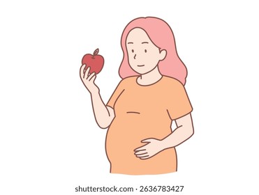 Happy pregnancy process and expectation concept. Happy young pregnant woman. whole apple healthy food. Hand drawn style vector design illustrations.