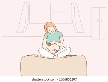 Happy pregnancy sitting on sofa at home.Hand drawn style vector design illustrations.