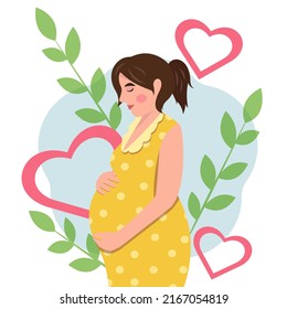 Happy pregnancy and waiting process. Pregnant woman in a yellow dress. Pregnancy and motherhood. Vector illustration in a flat style. Pregnant girl holding her stomach. Pregnancy health care.