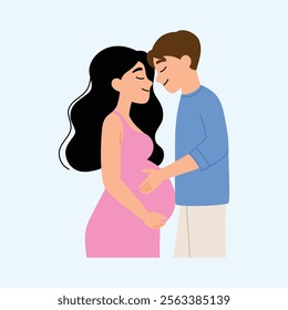 happy pregnancy wife and happy husband is touching his wife belly illustration 