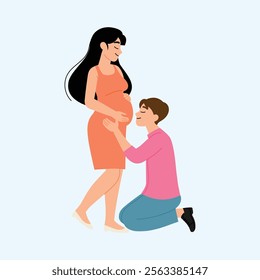 happy pregnancy wife standing and husband sitting on the floor and kiss on his wife's belly illustration  