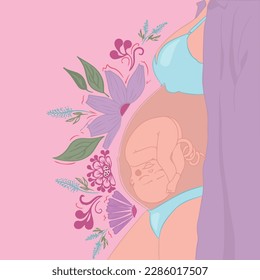 Happy pregnancy. Woman with a baby in her stomach against the background of flowers. motherhood concept