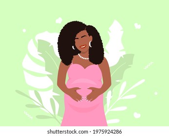 Happy pregnant african american woman. Beautiful smiling girl in pink dress and magnificent hairstyle holds her belly. Motherhood anticipation of long awaited vector baby