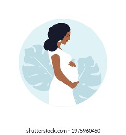 Happy pregnant african american woman holds her belly. Pregnancy concept. Vector illustration.