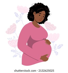 Happy pregnant african american woman holds her belly. Pregnancy resources type. Active well fitted pregnant female character. Happy pregnancy. Flat cartoon vector illustration