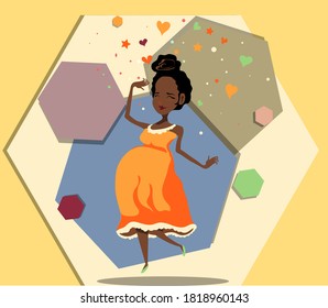 Happy pregnant afro woman. Colorful vector illustration. Hexagons background. Hearts and stars around  woman's head.