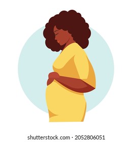 Happy Pregnant Black Woman Holds Her Belly. Side View Silhouette Of A Pregnant Woman. Pregnancy Motherhood Concept. Vector Stock