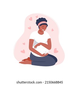 Happy pregnant black woman holds her belly isolated on pink. Pregnancy female sitting with pink hearts. Vector flat illustration. Concept of maternity and healthy lifestyle for banner, landing page