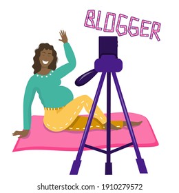 A happy, pregnant blogger girl smiles at the camera. Keeps a blog about pregnancy. The woman is black or of a different ethnic groups. Vector illustration.