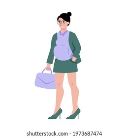 Happy pregnant business woman standing cute cartoon style vector illustration. Active pregnancy, motherhood concept.