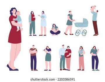 Happy pregnant characters, woman hold newborn baby. Little children with mother and father, young family. Pregnancy, motherhood kicky vector set