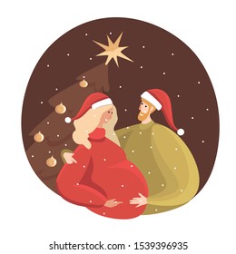 Happy pregnant couple expecting baby Celebrate New Year and Xmas. Future father and mother Man and woman hug near Christmas tree anticipte holiday festivity rejoicing. Cartoon Flat Vector Illustration