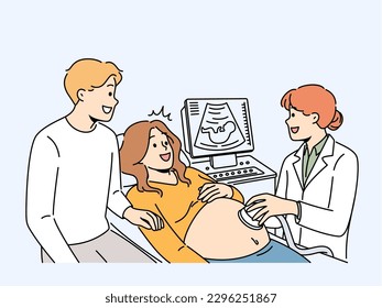 Happy pregnant couple have ultrasound in clinic. Smiling future parents on checkup with doctor in hospital. Pregnancy and parenthood. Vector illustration. 