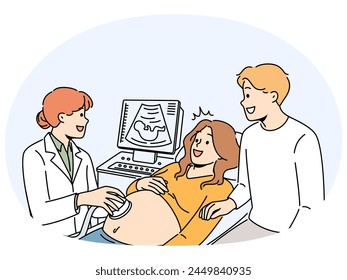 Happy pregnant couple have ultrasound in clinic. Smiling future parents on checkup with doctor in hospital. Pregnancy and parenthood. Vector illustration.