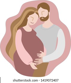 Happy pregnant couple hugging gently. Image in pink