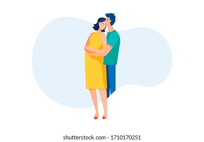 Happy pregnant couple hugging and smiling. Young man and woman expecting baby flat vector illustration. Pregnancy, parenthood, love concept for banner, website design or landing web page