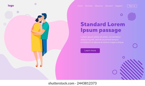 Happy pregnant couple hugging and smiling. Young man and woman expecting baby flat vector illustration. Pregnancy, parenthood, love concept for banner, website design or landing web page