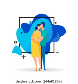 Happy pregnant couple hugging and smiling. Young man and woman expecting baby flat vector illustration. Pregnancy, parenthood, love concept for banner, website design or landing web page