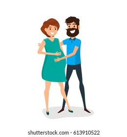 Happy pregnant couple. Pregnant wife and husband. Cartoon Vector Illustration.