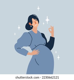 Happy pregnant female hold hands caress abdomen. Smiling young woman touching belly excited with pregnancy. Motherhood concept. Vector illustration.