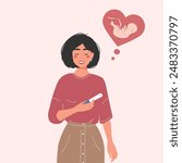 A happy pregnant girl holds a positive pregnancy test and thinks about the baby. Flat style illustration