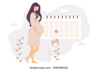 The happy pregnant girl looks at the calendar. Beautiful cute woman hugs her belly and stands by the planner calendar on a floral background. Vector illustration. Girl and female health concept