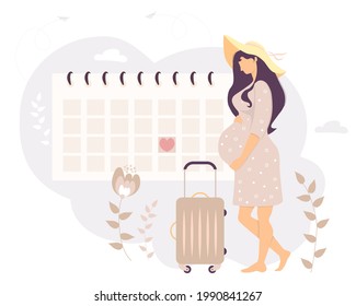 Happy pregnant girl looks at the calendar. tourist in a sun hat stands with a suitcase on wheels at the calendar against a background of flowers. Vector illustration. Womens health and travel concept

