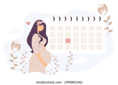 Happy pregnant girl looks at the calendar. Cute woman hugs her belly and stands by the monthly planner calendar on a blue background with flowers. Vector illustration. Womens health concept