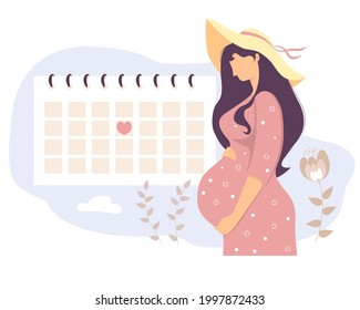 Happy pregnant girl looks at the calendar. A cute woman in a sun hat hugs her belly and stands by the planner calendar. Vector illustration. Womens health concept