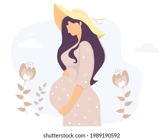 Happy Pregnant Girl On Vacation In Sun Hat Hugs Her Belly On A Background Of Flowers. Vector Illustration. Female Health And Pregnancy Concept