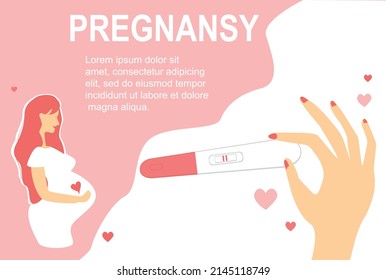 Happy pregnant girl. Positive pregnancy test in hand. Cute illustration in flat cartoon style. Concept of pregnancy and motherhood for website. Design for banner, poster.