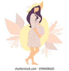 Happy pregnant girl in sun hat hugs her belly. Isolated on a decorative background. Vector illustration. Female health and pregnancy concept