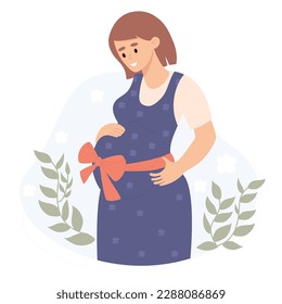 Happy pregnant girl. Vector illustration. Cute future mother with bow on her tummy in flat cartoon style.