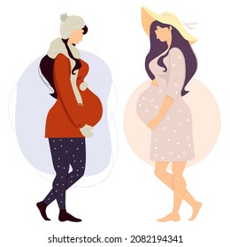 Happy pregnant girl in winter clothes and cute woman in summer clothes hugs her belly. Vector illustration. Concept of female health and motherhood, pregnancy at different times of year