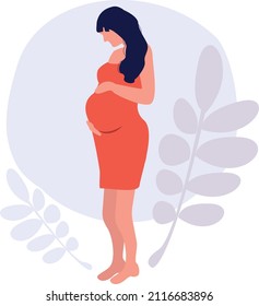 Happy pregnant holding her belly woman. Logo modern flat design illustration. Type of pregnancy resources. Active well built pregnant female character. Happy pregnancy cartoon vector illustration