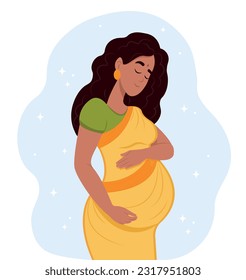 Happy pregnant Indian woman hugging her belly with her hands. Motherhood. Vector illustration in cute cartoon style