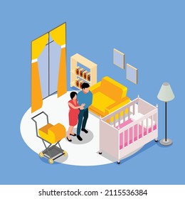 Happy pregnant mother and father preparing new baby room isometric 3d vector concept for banner, website, illustration, landing page, flyer, etc.