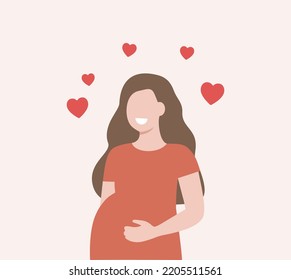 Happy pregnant mother holding belly. Woman expecting childbirth. Healthcare, Maternity, motherhood, childbirth concept. Flat cartoon character vector illustration with red hearts background.