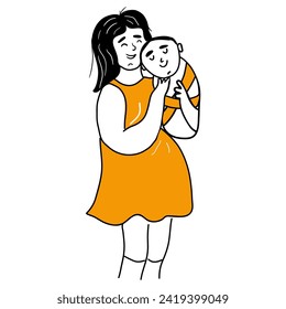 A happy pregnant mother hugs her baby. A concept for Mother's Day about pregnancy and motherhood. Vector illustration in doodle style isolated on white background.