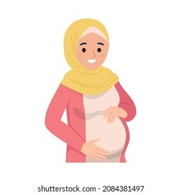 Happy pregnant Muslim woman holding her belly. Flat vector cartoon design