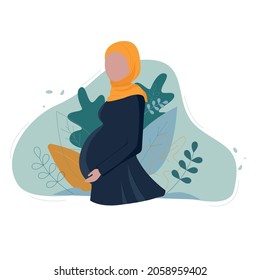 Happy pregnant muslim women wearing hijab