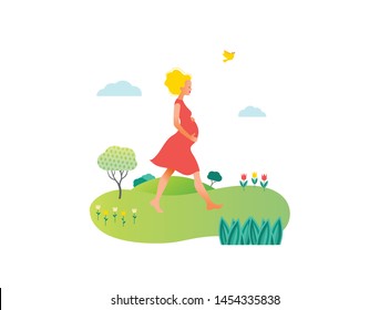 Happy pregnant woman in beautiful dress walking in a summer park. Active well fitted pregnant female character. Happy pregnancy.  Flat cartoon vector illustration