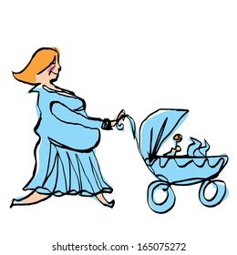 Happy pregnant woman in blue dress take a walk while pushing new born baby boy carriage 