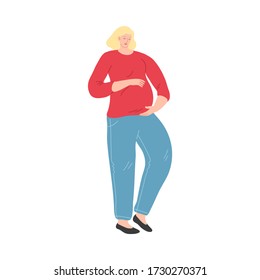 Happy pregnant woman in blue pants caressing her belly. Vector illustration in the flat cartoon style