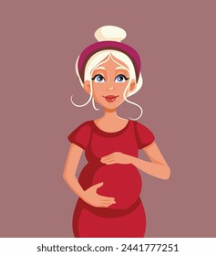 
Happy Pregnant Woman Caressing her Belly vector Cartoon illustration. Cheerful mommy felling attached to the unborn baby
