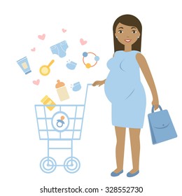 Happy pregnant woman with a cart and children's accessories. Pregnant woman buying baby things for boy.